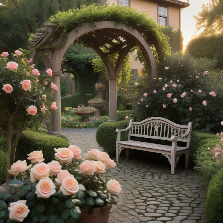 A serene garden with a bench, rose arbor, fountain, and twilight ambiance.