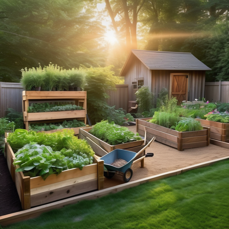 Sunrise over a garden with raised beds made of landscape timbers and gardening tools nearby.