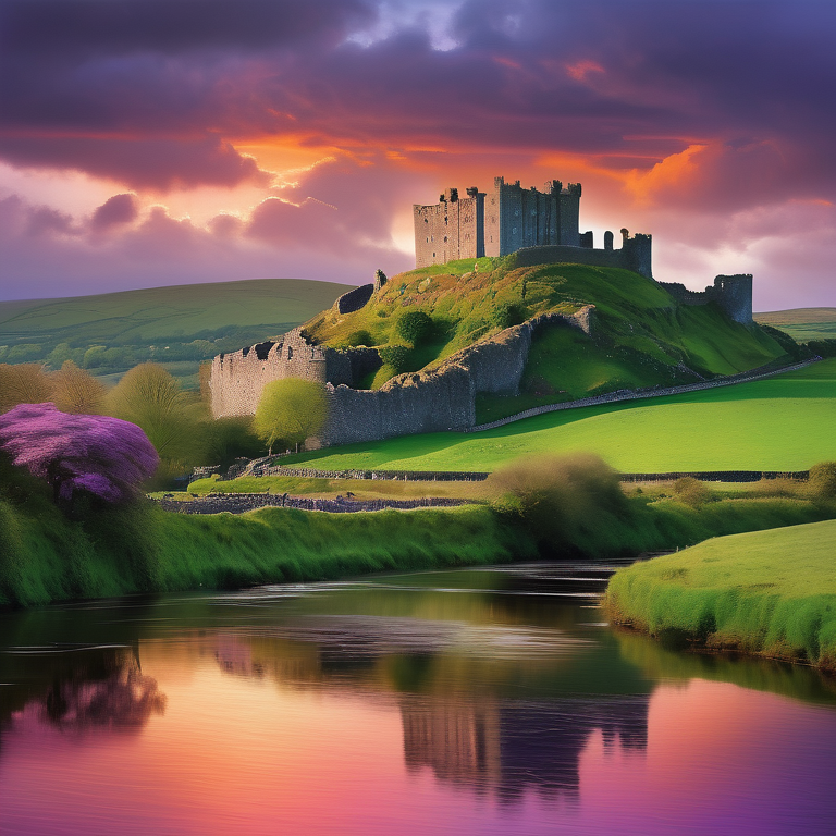 Pastoral Irish scenery with rolling hills, ruins, a castle, and a sunset-tinged river.