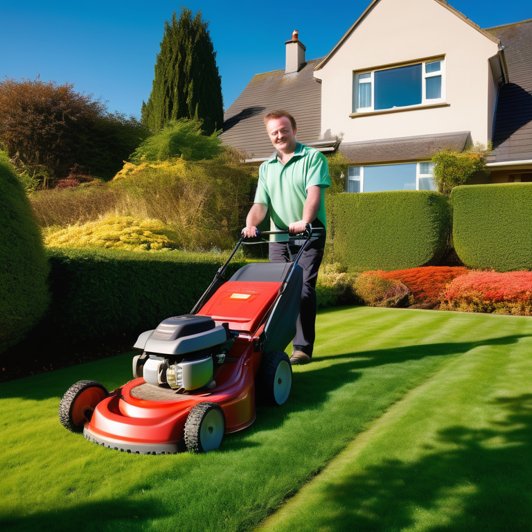 Landscaper with a lawnmower on a well-manicured, sunny lawn in Wicklow.