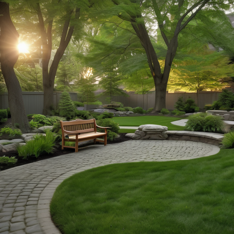 Lush green backyard with a cobblestone path leading to a serene pond and a wooden bench under a tree at sunset.